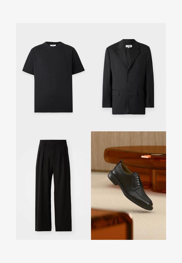 Blazer noir en tissu lisse, avec un col cranté, trois boutons à l'avant et deux poches avant. Design classique et ajusté.; T-shirt noir uni à manches courtes et col rond avec une petite étiquette blanche à l'intérieur du col sur un fond gris clair.; Pantalons larges noirs avec une texture lisse, dotés de deux plis avant, d'une fermeture à bouton et de poches latérales. Tissu durable.; Chaussure habillée noire en cuir à lacets avec devant texturé, flottant au-dessus d'un tapis beige dans une pièce moderne avec des meubles teintés d'ambre.