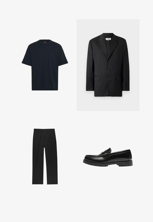 Sort blazer lavet af glat stof, med en slagkrave, tre frontknapper og to frontlommer. Klassisk skræddersyet design.; Marineblå bomulds T-shirt med rund hals, korte ærmer og en afslappet pasform. Glat tekstur uden synlige mønstre eller accenter.; Sorte bukser med lige ben, lavet af et glat stof. Har frontfolder og en enkelt knaplukning i taljen.; Sort læderloafer med en kraftig gummisål og klassiske penny-strap detaljer, vist fra ydersiden.
