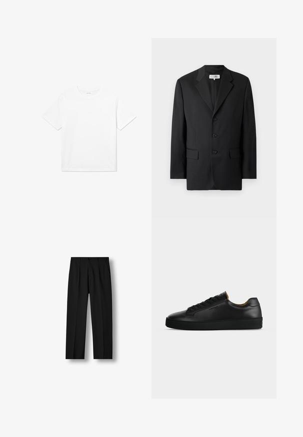 Zwarte blazer van een soepele stof, met een notched lapel, drie knopen aan de voorkant en twee zakken aan de voorkant. Klassiek op maat gemaakt ontwerp.; Witte katoenen T-shirt met korte mouwen, een ronde halslijn en een rechte zoom. Glad textuur zonder zichtbare patronen of accenten.; Zwarte rechte broek met voorplooien, knoopsluiting in de taille en zijzakken op een effen witte achtergrond.; Zwarte lage leren sneaker met zwarte veters, gestructureerde rubberen zool en klein geperst logo aan de zijkant, zijaanzicht tegen een grijze achtergrond.