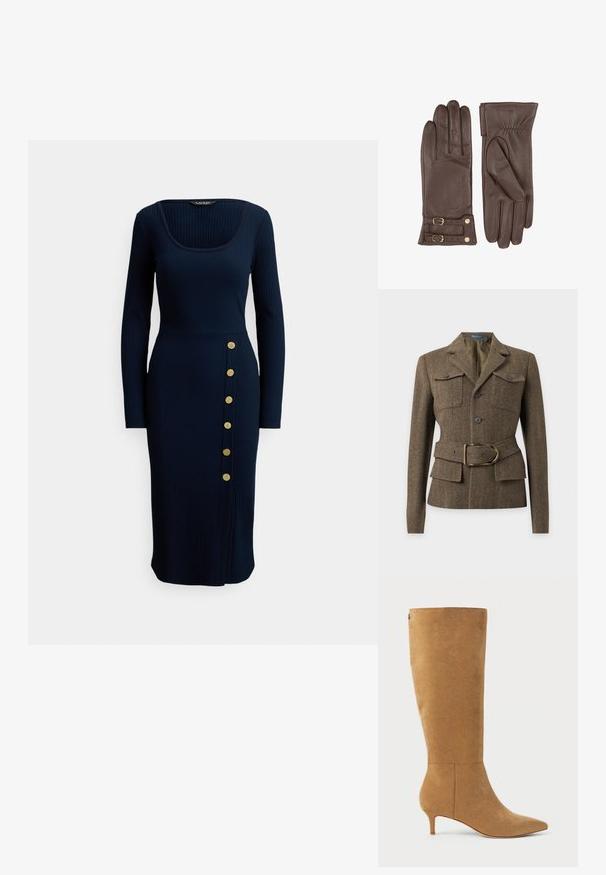 Veste en laine marron à chevrons avec col à revers, deux poches poitrine boutonnées, boutons sur le devant et ceinture assortie avec une boucle dorée.; Robe à manches longues côtelée bleu marine avec encolure carrée et boutons latéraux. Caractérisée par une silhouette ajustée et un ourlet arrivant au genou.; Lauren Ralph Lauren MCKAY SUEDE TALL BOOT HEEL - Bottes - camel; Gants en cuir marron à texture lisse, dotés d'une fermeture latérale avec boucles et d'un motif froncé au niveau du poignet.