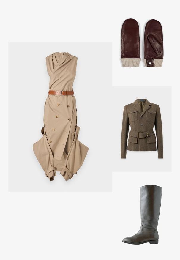 Veste en laine marron à chevrons avec col à revers, deux poches poitrine boutonnées, boutons sur le devant et ceinture assortie avec une boucle dorée.; Robe cache-coeur beige avec un col froncé, une ceinture avec boucle en argent, un détail de boutons croisés, et des manches amples.; Botte en cuir marron montant, avec une texture lisse, un bout arrondi et peu de détails de couture. Semelle plate avec un petit talon.; Moufles en cuir marron avec un revers en tricot beige, comportant une section pour le pouce, avec un détail en bouton métallique sur un côté.