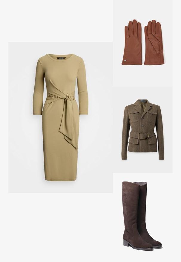 Veste en laine marron à chevrons avec col à revers, deux poches poitrine boutonnées, boutons sur le devant et ceinture assortie avec une boucle dorée.; Robe midi kaki à manches longues avec un détail de nœud noué à la taille. Fabriquée dans un tissu lisse, elle présente un décolleté rond et une silhouette ajustée.; Bottes en daim marron jusqu'au genou avec un embout légèrement arrondi et un petit talon carré. Présente des détails de couture discrets sur les côtés.; Gants en cuir marron au design épuré, avec des détails de couture et une accent en métal au poignet. Texture lisse, style à cinq doigts.