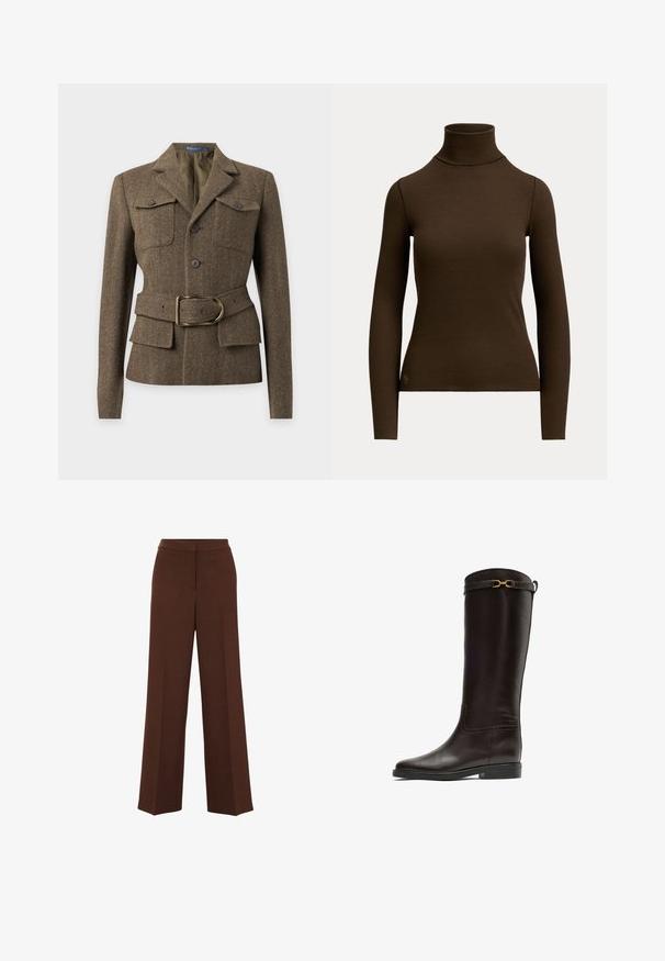 Braune Fischgrät-Wolljacke mit Reverskragen, zwei aufgesetzten Brusttaschen mit Knöpfen, Frontknöpfen und passendem Gürtel mit goldener Schnalle.; Dunkelbrauner langärmliger gerippter Rollkragenpullover mit figurbetonter Silhouette und kleinem Logo nahe dem unteren Saum vorne links.; Braune weit geschnittene Hosen mit glatter Textur, die einen strukturierten Taillenbund und subtile Falten auf der Vorderseite aufweisen.; Hoher dunkelbrauner Lederreitstiefel mit niedrigem Absatz und goldener dekorativer Schnalle nahe dem oberen Rand.