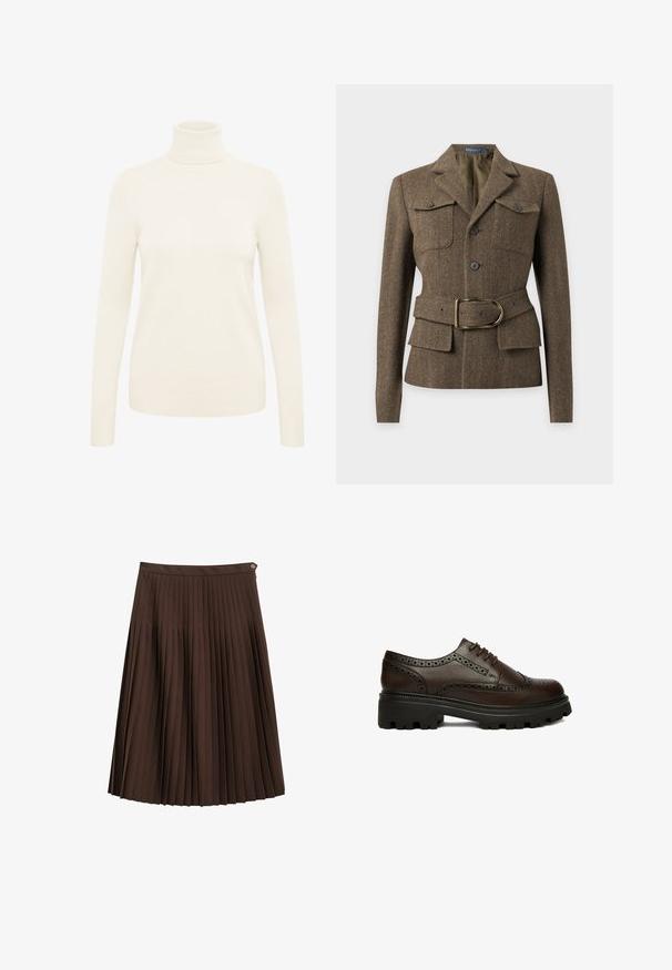Veste en laine marron à chevrons avec col à revers, deux poches poitrine boutonnées, boutons sur le devant et ceinture assortie avec une boucle dorée.; Pull à col roulé crème fabriqué à partir d'un tissu en maille doux. Il dispose de manches longues et de poignets et d'un ourlet côtelés.; Jupe plissée marron foncé, longueur genou, avec une ceinture et un petit bouton en métal sur le côté, sur fond blanc.; Chaussure brogue en cuir marron foncé avec détails perforés et semelle épaisse en caoutchouc noire, vue de côté sur fond blanc.