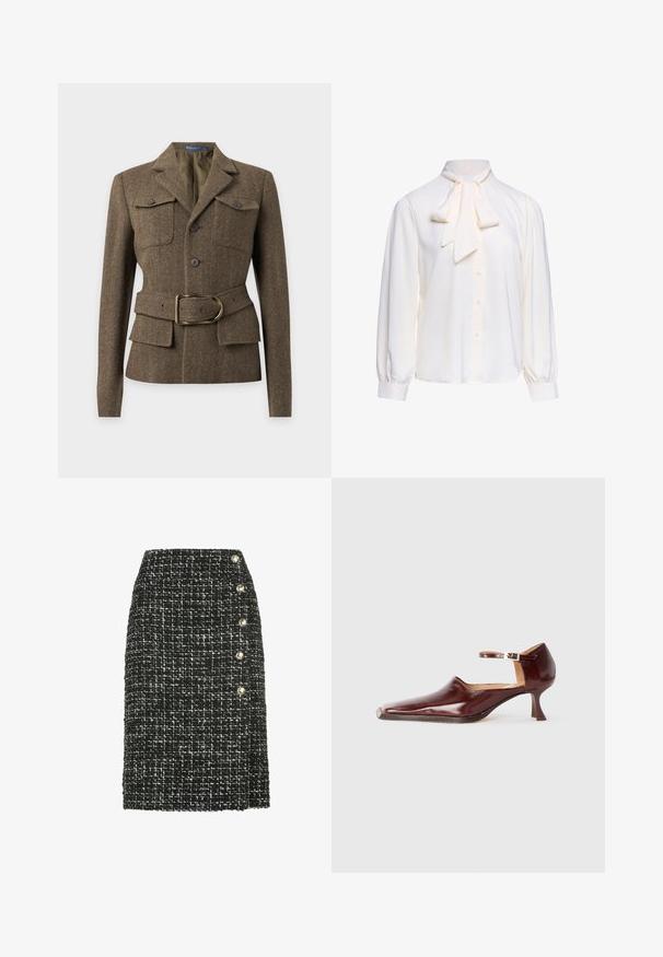 Braune Fischgrät-Wolljacke mit Reverskragen, zwei aufgesetzten Brusttaschen mit Knöpfen, Frontknöpfen und passendem Gürtel mit goldener Schnalle.; Langärmlige weiße Bluse mit Knopfleiste vorne und großer gebundener Schleife im Ausschnitt vor einfarbigem Hintergrund.; Schwarz-weißer Tweedrock mit geradem Schnitt, versehen mit fünf dekorativen Knöpfen in Goldfarbe auf der linken Seite. Strukturierte Textur.; Burgunderfarbenes Lackleder-Schuhwerk mit einer spitzen Zehe, Knöchelriemen und einem 5 cm hohen, konisch zulaufenden Absatz. Glatte Textur und minimalistisches Design.