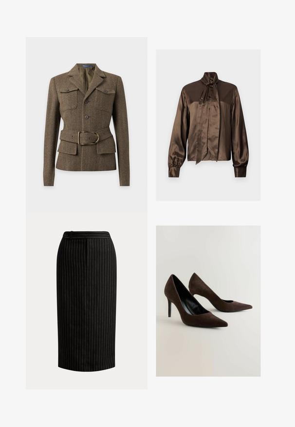 Chaqueta de lana marrón en espiga con cuello de solapa, dos bolsillos en el pecho con botones, botones delanteros y un cinturón a juego con hebilla dorada.; Blusa de satén marrón con cuello alto y detalle de lazo, con mangas largas y cierre de botones, textura suave y caída elegante.; Falda lápiz negra hasta la rodilla con delgadas rayas verticales blancas y detalle en la cintura con botones.; Tacones altos de ante marrón con punta afilada y una silueta elegante. Los zapatos presentan un interior negro brillante y un tacón de aguja delgado.