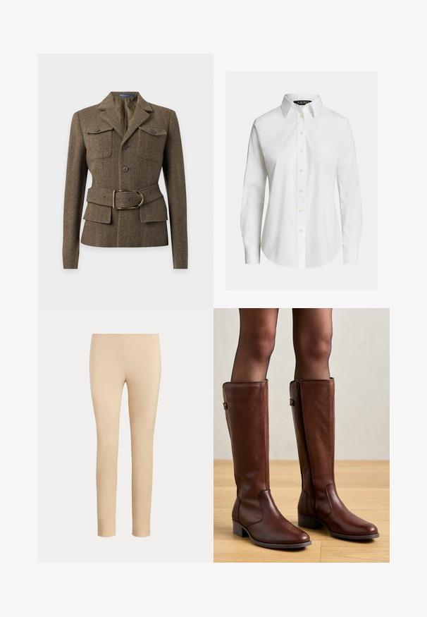 Brun fiskegrøn uldjakke med revers, to brystlommer med knapper, forreste knapper og et matchende bælte med en guldlås.; Hvid skjorte med lange ærmer, knapper foran, spids krave og let buet kant.; Beige slim-fit ankellange bukser med en glat finish og uden synlige lommer eller pynt på en ensfarvet baggrund.; Anna Field by Zalando LEATHER - Høje støvler/ Støvler - brown