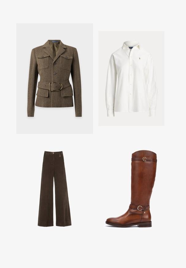 Bruine visgraat wollen jas met reverskraag, twee borstzakken met knopen, knopen aan de voorkant en een bijpassende riem met een gouden gesp.; Witte blouse met lange mouwen en knopen, kraag en klein geborduurd logo op de linkerborst.; Bruine wide-leg ribfluwelen broek met een hoge tailleband, voorzien van een gouden knop en een decoratieve ringdetails. Geweven, zachte stof met verticale strepen.; Bruine leren laarzen tot de knie met een gladde afwerking, een ronde neus, een decoratieve band met een ronde gesp en een lage stapelhak.