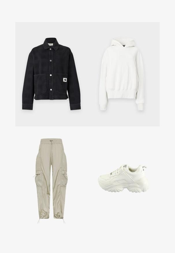 Veste noire boutonnée avec col, manches longues, deux poches avant et un patch logo sur la poche droite.; Sweatshirt à capuche blanc avec une coupe décontractée. Il dispose d'une poche kangourou, de poignets côtelés et d'un tissu doux et texturé. Branding discret sur la poitrine.; Pantalon cargo beige léger, avec taille élastique, fermeture à cordon, détails de poches en mesh et poignets froncés pour un ajustement réglable.; Baskets blanches avec un design chunky, une tige en synthétique lisse, un col rembourré et une semelle en caoutchouc texturé avec un motif en losange.