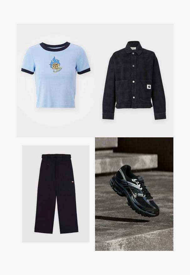 Zwarte jas met knopen, een kraag, lange mouwen, twee zakken aan de voorkant en een logopatch op de rechterzak.; Lichtblauw cropped T-shirt met korte mouwen en een marineblauwe ribboord. Heeft een vlam-geborduurde gele roos en tekst eronder. Zachte stoftextuur.; Zwarte broek van stof met een gladde textuur. Heeft een recht model, een taille met riemlussen en meerdere zakken.; Zwart-zilveren Nike hardloopschoen zwevend boven betonnen trappen, met een gedetailleerd ontwerp en een getextureerde zool in een buitenomgeving.