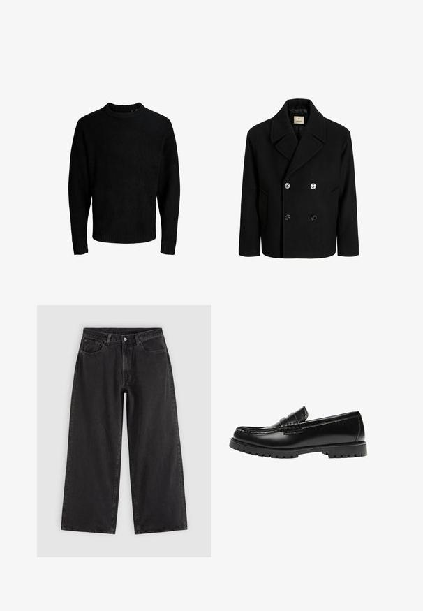 Sort uld peacoat med dobbeltradet design, store klapper og to forlommer, prydet med sølv- og sorte knapper. Glat tekstur.; Sort sweater, rund halsudskæring, lange ærmer, ribbede manchetter og kant, blød tekstur, ensfarvet, minimalistisk design.; Sorte denim jeans med vide ben, forlommer, bæltestropper og knaplukning, vist på en ensfarvet lys baggrund.; Sort læderloafer med en kraftig gummisål og klassiske penny-strap detaljer, vist fra ydersiden.