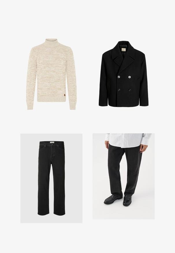 Sort uld peacoat med dobbeltradet design, store klapper og to forlommer, prydet med sølv- og sorte knapper. Glat tekstur.; Beige og hvid meleret striktrøje med lange ærmer og høj polokrave, der har et lille brunt mærke nær kanten.; Sorte denim straight-leg jeans har et klassisk fem-lomme design med knaplukning, minimal syning og en blød tekstur.; Sorte denimbukser parret med skinnende sorte loafers. Skjorten er hvid med tynde lodrette striber, har lange ærmer og en knapkrave.