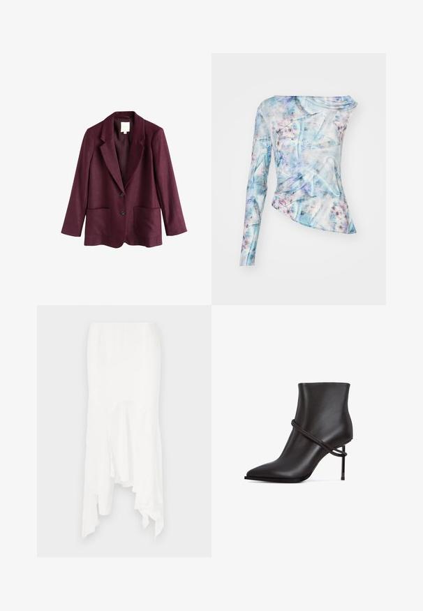 Blazer en lin bordeaux foncé pour femme avec deux boutons, col cranté, manches longues et deux poches plaquées à l'avant.; Top asymétrique à manches longues dans un motif abstrait bleu et rose, présentant une texture froncée et un col rond. Fabriqué en tissu léger.; Jupe asymétrique blanche en tissu léger, avec des bords volants et des découpes, créant une silhouette fluide.; Bottine noire élégante avec un bout pointu, un accent de design enroulé et un haut talon aiguille sur un fond blanc.