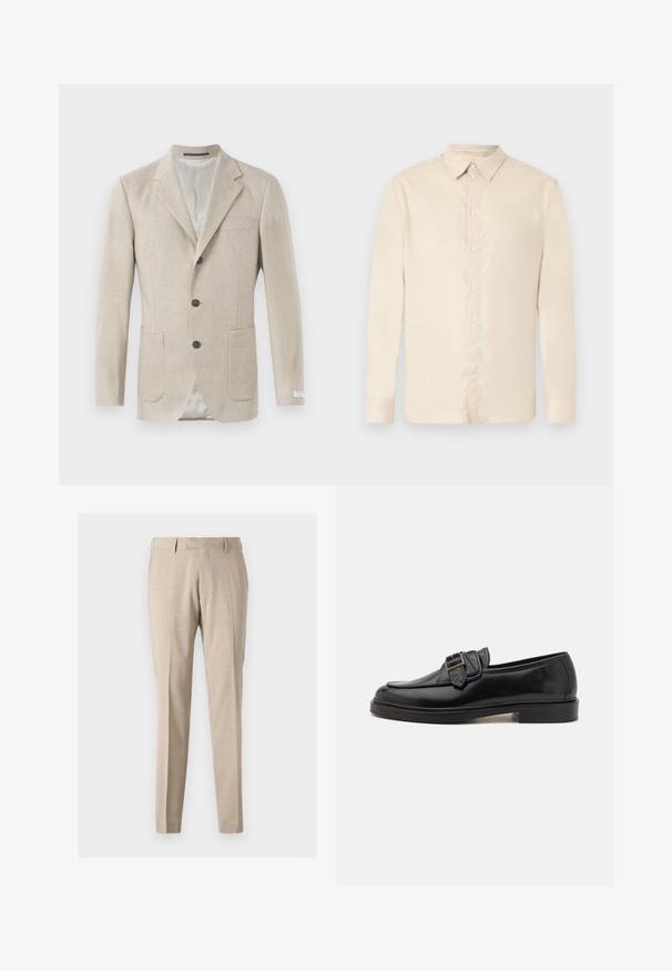 Beige Leinenblazer mit einem Reverskragen, drei schwarzen Knöpfen, zwei Fronttaschen und einer einzelnen Brusttasche. Glattes, strukturiertes Material.; Beiges langärmliges Hemd mit Knöpfen und Kragen, dargestellt vor weißem Hintergrund.; Beige, taillierte Hose aus leichtem Stoff, mit vorderen Falten, zwei seitlichen Taschen und einer glatten Textur.; Schwarze Leder-Lederschuhe mit abgerundeter Zehenpartie und dekorativem Schnallenakzent. Flacher, solider Absatz und durchgehend glatte Oberfläche.