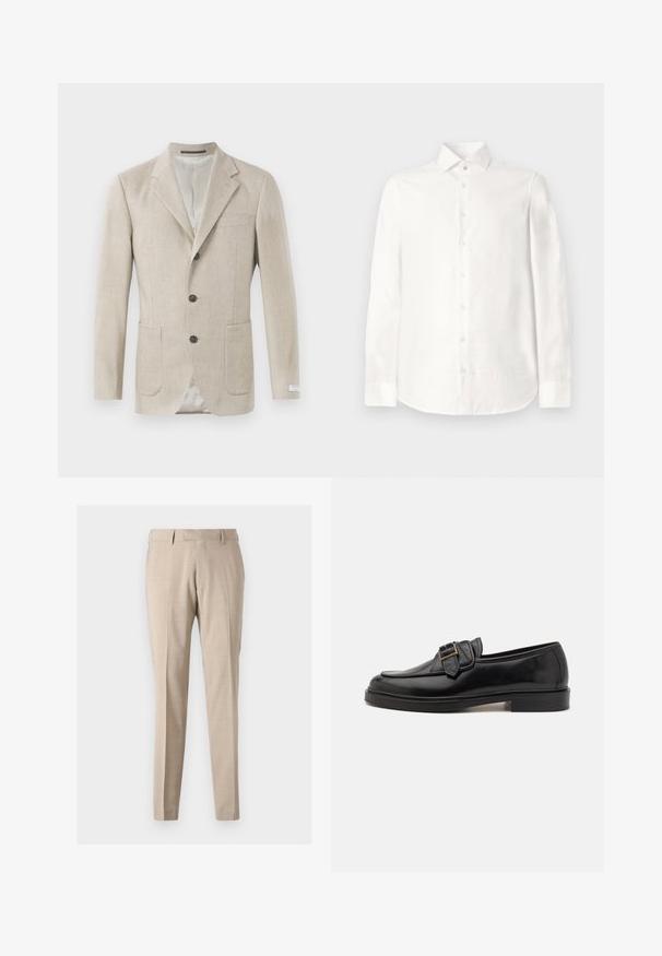 Blazer de lino beige con solapa de muesca, tres botones negros, dos bolsillos frontales y un bolsillo en el pecho. Tejido de textura suave.; Camisa blanca de manga larga hecha de tela suave. Cuenta con un collar de punta, cierre frontal con botones y un dobladillo redondeado. Sin patrones visibles.; Pantalones tapered beige confeccionados en tejido ligero, con pliegues frontales, dos bolsillos laterales y una textura suave.; Mocasines de cuero negro con punta redonda y un acento decorativo de hebilla. Tacón plano y sólido, con una textura suave en todo el zapato.