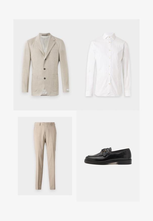 Beige linned blazer med en notched lapel, tre sorte knapper, to frontlommer og en enkelt brystlomme. Glat tekstureret stof.; Hvid langærmet skjorte med knapper og krave, vist på en ensfarvet lys baggrund.; Beige tapered bukser lavet af letvægtsstof, med forreste folder, to sidelommer og en glat tekstur.; Sorte læder loafers med rund tå og en dekorativ spændeaccent. Flad, solid hæl og glat tekstur hele vejen igennem.