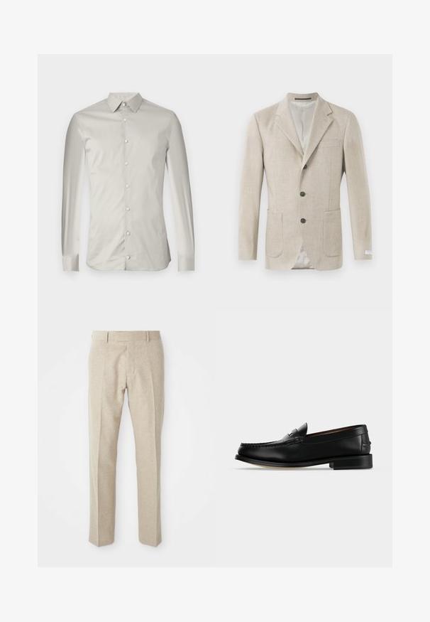 Beige linned blazer med en notched lapel, tre sorte knapper, to frontlommer og en enkelt brystlomme. Glat tekstureret stof.; Lys grå langærmet skjorte lavet af glat stof. Har en spids krave, forreste knapper og en skræddersyet pasform med et minimalt design.; Beige skræddersyede bukser lavet af tekstureret stof, med flad front, lige ben og en traditionel talje med bæltesløjfer.; Sort læder herre loafer med lav hæl og mokkasinsyning på tåen, vist fra siden på en ensfarvet baggrund.