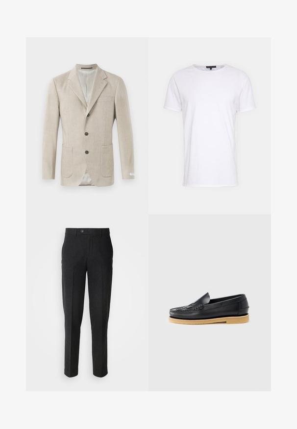 Beige Leinenblazer mit einem Reverskragen, drei schwarzen Knöpfen, zwei Fronttaschen und einer einzelnen Brusttasche. Glattes, strukturiertes Material.; Weißes Baumwoll-T-Shirt mit Rundhalsausschnitt, kurzen Ärmeln und geradem Schnitt. Verfügt über eine einfache, glatte Textur und keine zusätzlichen Muster.; Lindbergh Stoffhose - black melange; Schwarzer Lederloafer mit geflochtenem Detail an der Spitze und einer hellbraunen Kreppsohle, seitlich auf weißem Hintergrund dargestellt.