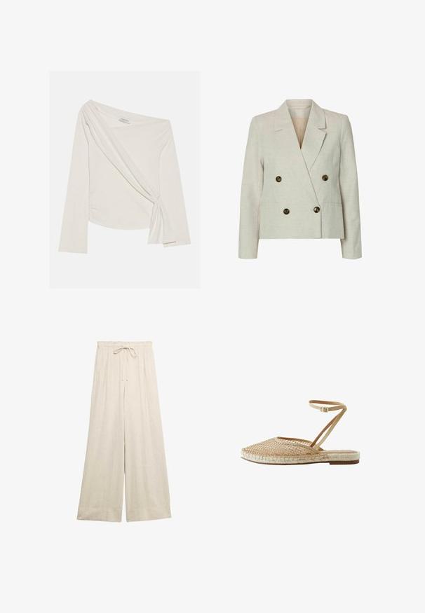 Dobbeltbrystet blazer i lys beige hør med to store brune knapper, spidse lapeller og lange ærmer; glat tekstur og skræddersyet pasform.; Langærmet, off-shoulder top i et blødt, cremefarvet stof. Har et tvistet frontdetalje og sidelæg for en tætsiddende silhuet.; Beige linnedbukser med vide ben, elastisk talje og snor til justering, designet til en løs og behagelig pasform.; Next FOREVER COMFORT - REGULAR FIT - Ballerinasko m/ skaft - cream