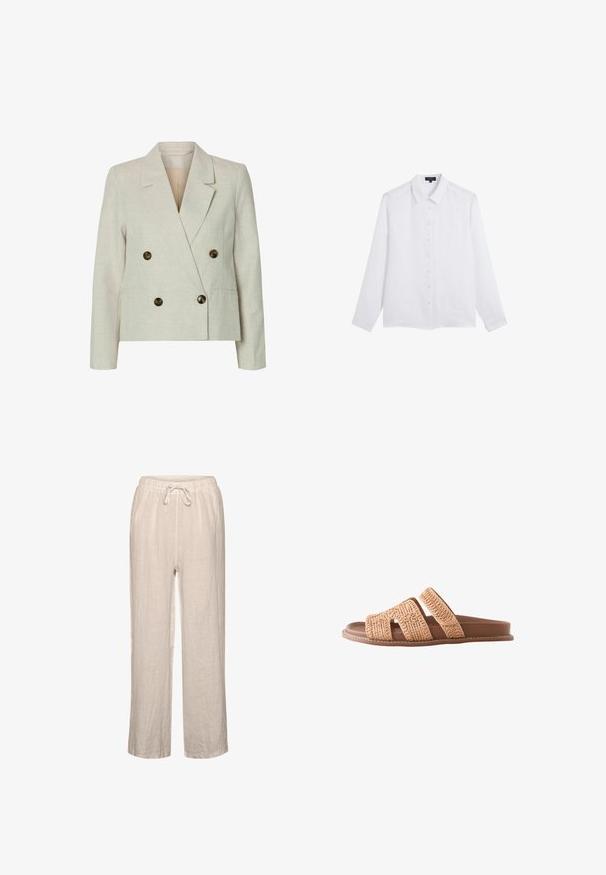 Blazer de doble botonadura en lino beige claro con dos grandes botones marrones, solapas con muesca y mangas largas; textura suave y corte entallado.; Camisa blanca de manga larga hecha de una tela ligera, con cuello tipo polo, cierre de botones en el frente y un corte relajado.; Pantalones de lino en beige claro con cintura elástica y cordón, que presentan un corte relajado y diseño de pierna recta.; Sandalia plana marrón tipo slide con dos tiras anchas trenzadas y suela acolchada, vista de lado sobre fondo blanco.