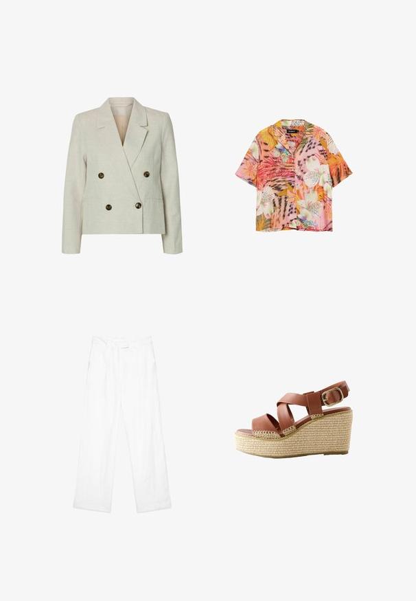 Blazer de doble botonadura en lino beige claro con dos grandes botones marrones, solapas con muesca y mangas largas; textura suave y corte entallado.; Camisa de manga corta con botones y patrones vibrantes de flores y hojas tropicales en tonos rosa, naranja, blanco y verde.; Pantalones de lino blancos con un ajuste holgado, que presentan un diseño de pierna recta, bolsillos frontales y una cintura plana. Textura suave en todo el tejido.; Sandalia cuña de cuero marrón con tiras entrecruzadas, hebilla dorada y suela de plataforma beige tejida.