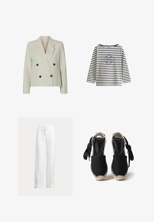 Dobbeltbrystet blazer i lys beige hør med to store brune knapper, spidse lapeller og lange ærmer; glat tekstur og skræddersyet pasform.; Hvid langærmet skjorte med horisontale marineblå striber og et centralt marineblåt logo broderet i rebstil på brystet.; Hvide linnedbukser med snøre i taljen, vid pasform og to sidelommer. Glat tekstur med et let og luftigt udseende.; Sorte canvas espadriller med en sovesål og vævede kanter. Snører lavet af det samme sorte stof for justerbar pasform. Lukket tå-design.