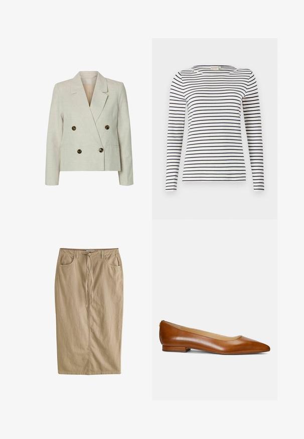 Dobbeltbrystet blazer i lys beige hør med to store brune knapper, spidse lapeller og lange ærmer; glat tekstur og skræddersyet pasform.; Langærmet stribet skjorte lavet af blødt stof, med marineblå og hvide vandrette striber, rund halsudskæring og en slim-fit design.; Beige, knælængde, lige nederdel med forlommer, bæltestropper og snørelukning ved taljen.; Dames brun læder flad sko med spids tå, lav hæl og glat finish, vist i sideprofil på neutral baggrund.