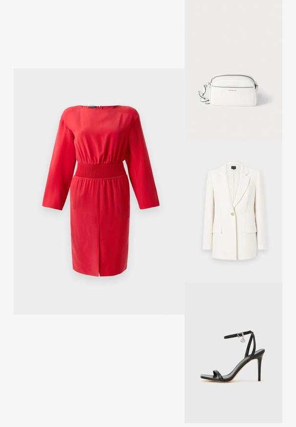 Weißer Blazer aus glattem Stoff. Mit Reverskragen, einreihiger Knopfleiste, zwei vorderen Taschen und taillierter Passform.; Rotes Kleid mit langen Ärmeln und gerafftem Taillenbund. Glattes Material, knielanger Saum und ein Reißverschluss auf der Rückseite. Einfaches, tailliertes Design ohne Druckmuster.; Schwarze High-Heel-Sandale mit schmalem Knöchelriemen, quadratischer Zehenbox, glattem Leder und metallischem Schnallenakzent.; Weiße Umhängetasche aus strukturiertem Leder mit Reißverschluss, verstellbarem Riemen und silbernen Beschlägen. Verfügt über eine Vordertasche.