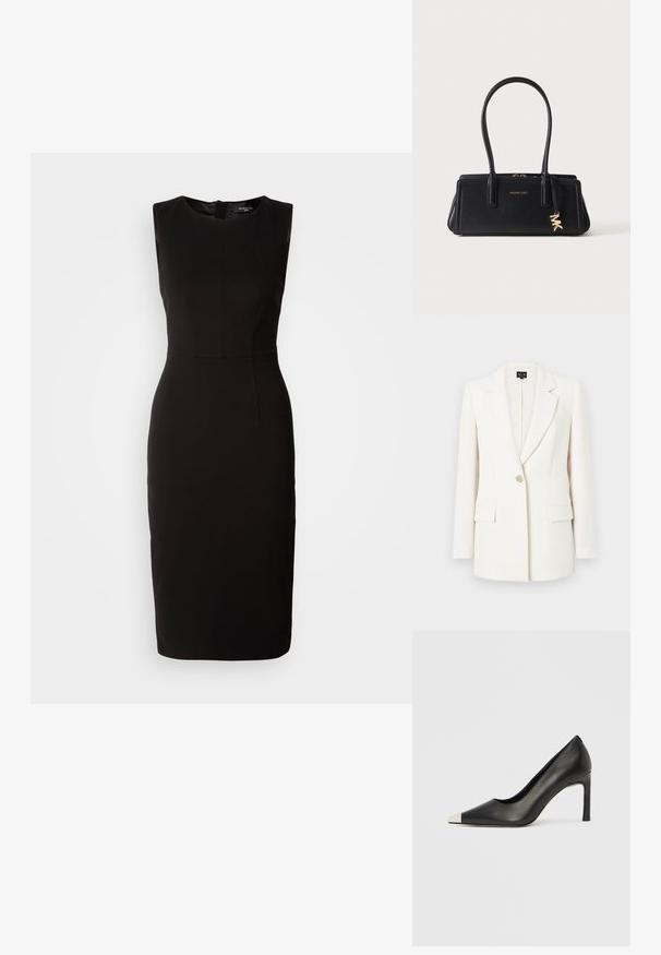 Valge bleiser, mis on valmistatud siledast kangast. Omadusteks on sisselõigatud krae, ühe nupuga kinnis, kaks eesmist taskut ja istuv lõige.; MARCIANO BY GUESS ZIP MIDI DRESS - Trikotaažkleit - black; Mustast nahast kõrge kontsaga king terava varba ja metallik hõbedase otsikuga. Iseloomustab sile viimistlus ja sihvakas 10 cm konts.; Mustast nahast ristkülikukujuline käekott topelt sangadega, kuldse Michael Kors logoga ja rippuva MK ripatsiga ühtlasel heledal taustal.