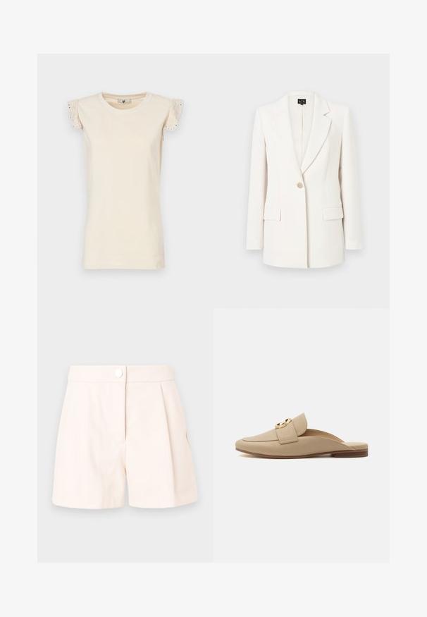 Biely blejzer z hladkej tkaniny. Má rozšírený golier, zapínanie na jedno gombík, dve predné vrecká a priliehavý strih.; TWINSET Blúzka - almond beige/dark almond beige; Béžové plisované šortky vyrobené z ľahkej tkaniny, s gombíkovým zapínaním a čistými, upravenými líniami. Hladká textúra a minimalistický dizajn.; Béžové slip-on ploché mokasíny s zaoblenou špičkou, textúrovaným povrchom, širokým remienkom a zlatým kruhovým detailom pracky na bielom pozadí.
