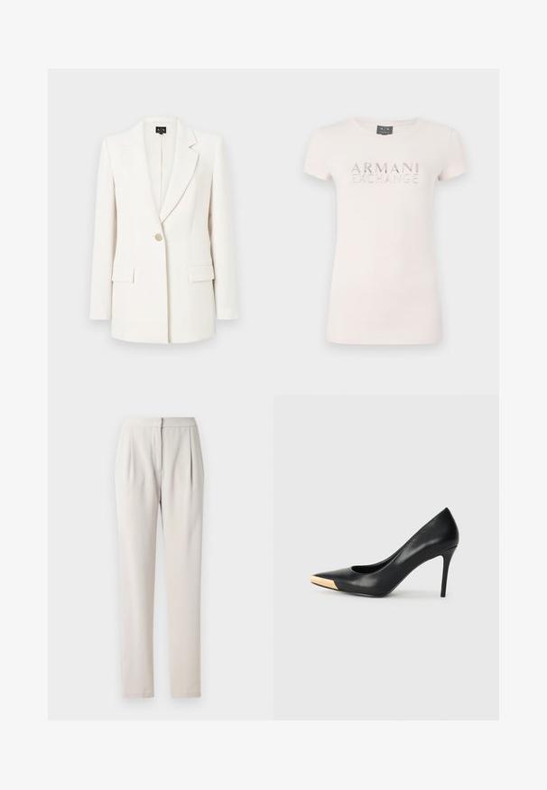 Blazer blanco hecho de tela suave. Presenta un cuello con muesca, cierre de un solo botón, dos bolsillos delanteros y un corte entallado.; Camiseta de manga corta rosa claro con un logo elevado "ARMANI EXCHANGE" en acentos metálicos. Tejido suave, cuello redondo clásico, forma ajustada.; Pantalones tailored beige con una tela suave y mate. Presentan pliegues en la parte delantera y una cintura ajustada, con piernas rectas y slim.; Zapato de tacón alto de cuero negro con puntera afilada; presenta un detalle metálico dorado en la tapa del tacón. Superficie lisa con un diseño elegante.