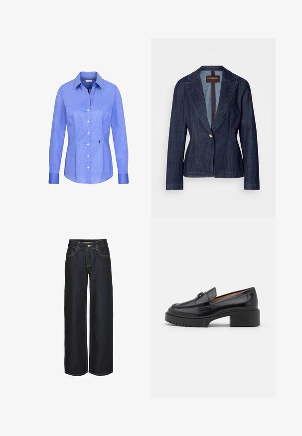Mørkeblå denim blazer med notch-lapel, enkelt knaplukning og kontrasterende guldstikninger. Tætsiddende pasform med lange ærmer.; Lyseblå langærmet skjorte med knapper, spids krave og lille sort broderet rose nederst til højre foran.; Mørkeblå lige ben jeans med frontlommer, bæltestropper og gule kontrastsyninger, vist på en hvid baggrund.; Sorte læder loafers med en lav blokhæl, rund tå, dekorativ rem og struktureret syning på overdelen. Glat overflade.