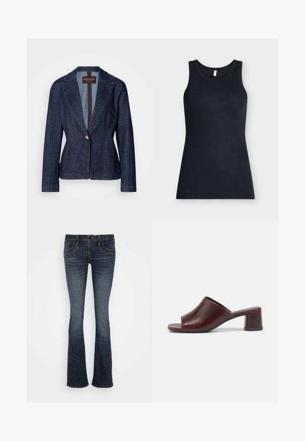 Mørkeblå denim blazer med notch-lapel, enkelt knaplukning og kontrasterende guldstikninger. Tætsiddende pasform med lange ærmer.; Sort ærmeløs ribstrikket tanktop med rund halsudskæring, vist fladt mod en lys baggrund.; Mørkeblå vide jeans med mellemhøj talje, fem lommer og subtile stikningsdetaljer. Fremstillet af denim med en glat tekstur.; Mørk burgunder åbne slide sandaler lavet af glat læder med et rundt design og en klodset hæl for stabilitet. Vist i sidevisning.