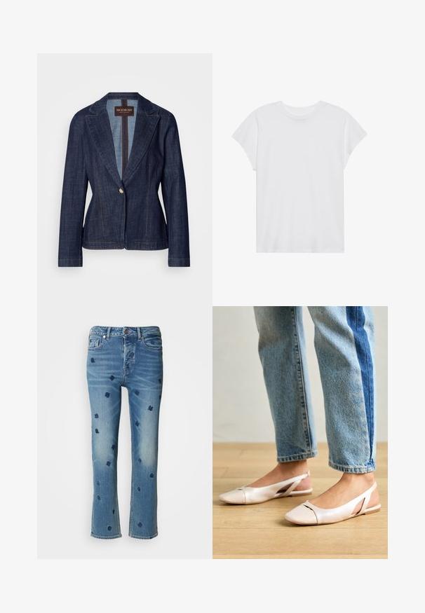 Mørkeblå denim blazer med notch-lapel, enkelt knaplukning og kontrasterende guldstikninger. Tætsiddende pasform med lange ærmer.; Hvid kortærmet t-shirt med rund hals, afslappet pasform, lavet af blødt bomuldsstof. Glat tekstur, ingen mønstre eller logoer.; Lysblå denimjeans med lige ben, prydet med marineblå blomsterbroderi og slitageeffekter nær lommerne og kanten.; Lyserøde slingback flade sko med spidse tær, lavet af et glat læderlignende materiale. Har udskæringsdetaljer på siderne og en flad hæl.