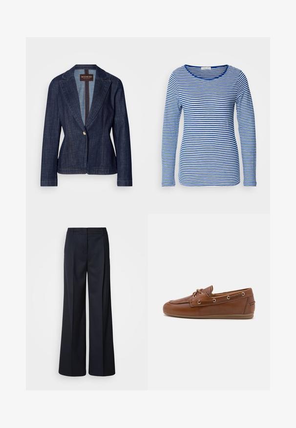 Mørkeblå denim blazer med notch-lapel, enkelt knaplukning og kontrasterende guldstikninger. Tætsiddende pasform med lange ærmer.; Langærmet skjorte med scoop-hals, prydet med skiftende blå og hvide vandrette striber. Fremstillet af blødt, letvægtsstof.; Bukser med vide ben i mørk marineblå, lavet af glat stof. Har en skræddersyet talje og forlommer med læg, designet til en afslappet pasform.; Brune læder bådsko med snøredetalje, metaløjer, en struktureret overflade og en fleksibel tan gummisål. Rund tådesign.