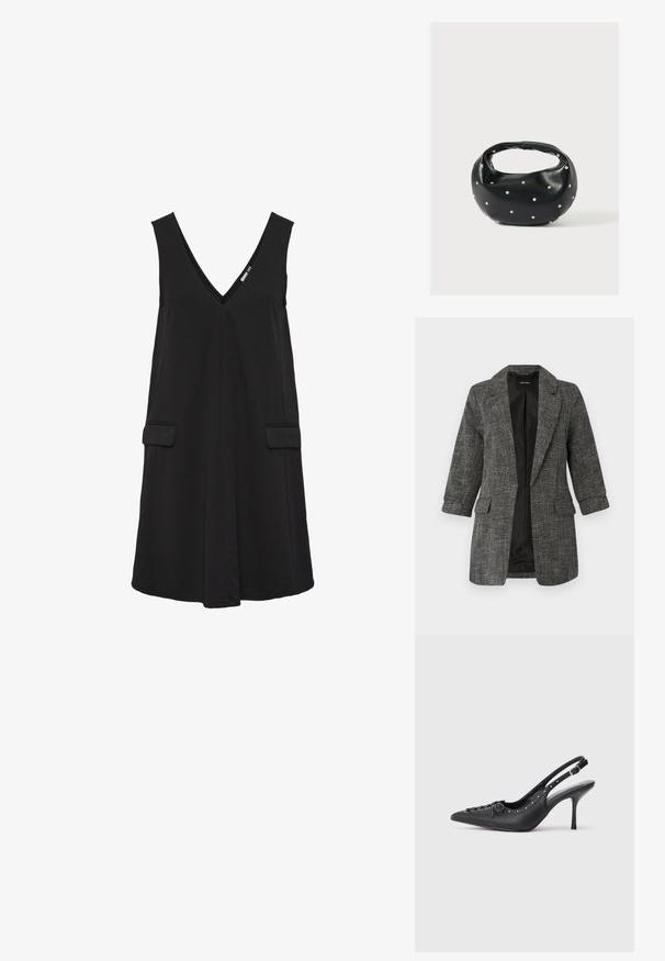 Grauer Blazer mit strukturierter Oberfläche, einem Reverskragen, zwei Vordertaschen und dreiviertellangen Ärmeln; das Innenfutter ist glatt und schwarz.; Schwarzes, ärmelloses V-Ausschnittkleid mit vorderen Klappentaschen und A-Linien-Silhouette.; Schwarzer Leder-Slingback-Stiletto mit spitzem Zehenaufsatz, seitlichem Schnallenriemen, Nieten entlang der Kante und dekorativer Schnürung vorne.; Schwarze Lederhandtasche mit abgerundeter Form, verziert mit silbernen Nietenakzenten und kurzem Griff. Glatte Struktur und Reißverschlussverschluss.