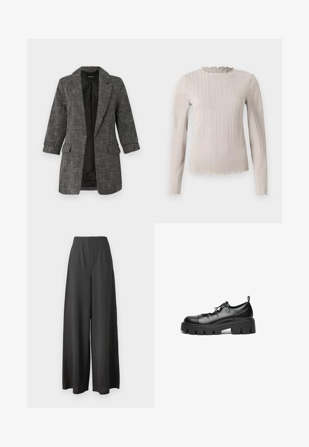 Grå tekstureret blazer med reverskrave, to forlommer og trekvartlange ærmer; indersiden har et glat sort for.; Langærmet top i lys beige med ribbet tekstur. Har en scalloped halsudskæring og en subtil glimmer gennem stoffet.; Sorte vide bukser lavet af et glat stof, med høj talje og plisseret design for ekstra struktur og dybde.; Sorte læder snørebåndssko med rund tå, kraftig platåsål og dekorativ syning langs kanten.