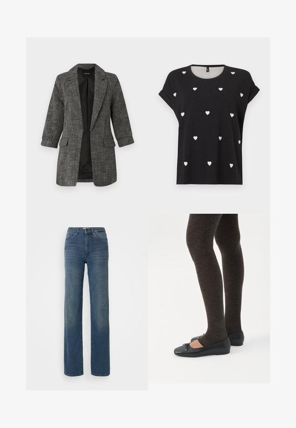 Blazer gris texturizado con cuello de solapa, dos bolsillos delanteros y mangas de tres cuartos; el interior cuenta con un forro negro liso.; Camiseta negra de manga corta con pequeños patrones de corazones blancos dispersos, cuello redondo y ajuste relajado. Hecha de un material textil suave.; Jeans rectos de cintura alta en azul, con bolsillos frontales, pasadores para cinturón, cierre de botón y cremallera. Detalles ligeramente deslavados en los muslos.; Piernas con leggings oscuros acanalados combinados con bailarinas negras que presentan pequeños detalles de lazo sobre un fondo blanco.