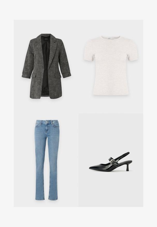 Blazer gris texturizado con cuello de solapa, dos bolsillos delanteros y mangas de tres cuartos; el interior cuenta con un forro negro liso.; Camiseta de manga corta gris claro hecha de tela acanalada con cuello redondo. Diseño sencillo, textura suave, sin patrones ni detalles visibles.; Jeans de mezclilla azul claro con pierna acampanada, que presentan un diseño estándar de cinco bolsillos, cierre de botón y detalles de costura visibles.; Zapatos de tacón en charol negro con tira al tobillo, punta afilada y un pequeño tacón bloque, que cuentan con un acento de hebilla plateada en la correa.