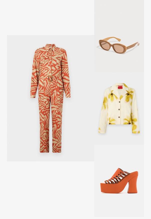 Afskåret jakke i blødt stof, cremefarvet med gult blomsterprint, med spidse kraver, knaplukning og lange ærmer. Pyntet med mørke knapper.; Langærmet jumpsuit med et orange og crème abstrakt mønster. Har to brystlommer, en bæltestrop i taljen og knaplukning foran. Lavet af letvægtsstof.; Orange platformklæder med en tyk, buet brun hæl. Har udskæringer over tæerne og en glat gummiagtig finish.; Brune ovale solbriller med tykke stel og tonede linser, let vinklet med Max Mara-logo på brillestangen.