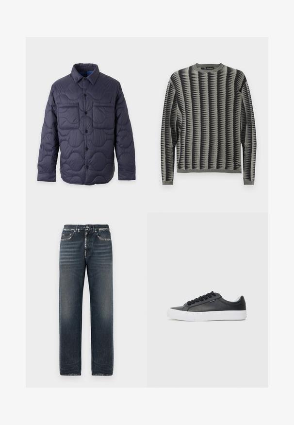 Mørkeblå quiltet jakke med knapper foran, spids krave, lange ærmer og to brystlommer på en lys baggrund.; Herresweater i grå og sort med geometrisk mønster. Har lange ærmer og rund halsudskæring. Fremstillet af blødt strikstof.; Mørkeblå denimjeans med en afslappet pasform, der har subtile falmninger, lige ben og et klassisk fem-lomme design.; Sort lædersneaker med hvid gummisål, rund tå og sorte snørebånd, med en glat tekstur og minimalistisk design.