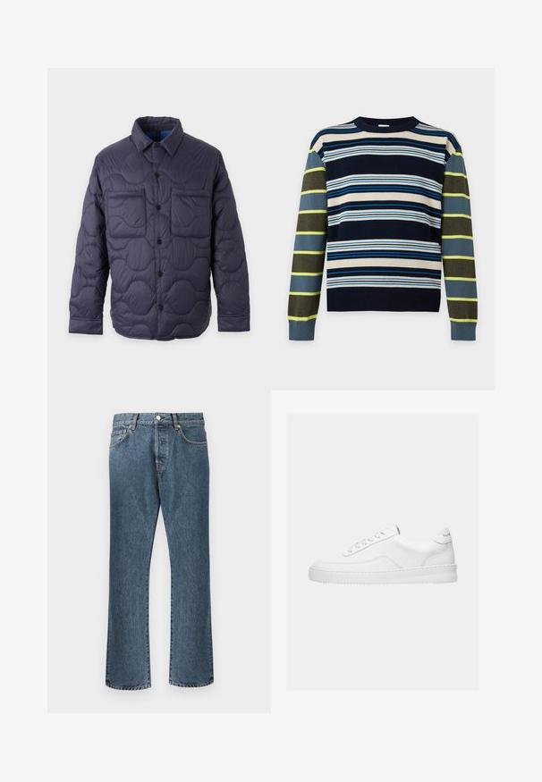 Marineblaue gesteppte Jacke mit Knopfleiste vorne, spitzem Kragen, langen Ärmeln und zwei Brusttaschen auf hellem Hintergrund.; Langärmeliger Pullover mit Rundhalsausschnitt und horizontalen Streifen in Marine, Blau, Weiß, Olivgrün und Gelb am Körper und an den Ärmeln.; Blaue Denim-Jeans mit geradem Bein, ausgestattet mit einem klassischen Knopf- und Reißverschluss, fünf Taschen und dezenten Ausbleichungen.; Weißer Sneaker mit niedrigem Schaft, Schnürdesign, glattem Lederobermaterial und dicker Sohle, von der Seite auf einfachem Hintergrund gezeigt.