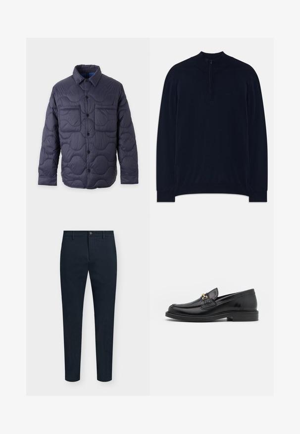 Marineblauwe doorgestikte jas met een knoopsluiting aan de voorkant, puntkraag, lange mouwen en twee borstzakken op een lichte achtergrond.; Navyblauw pullover trui met een ritssluiting bij de kraag, ribbelboord aan de hals en manchetten. Zachte textuur en lange mouwen, met een minimalistisch logo-detail.; Marineblauwe slim-fit herenbroek met knoop- en ritssluiting aan de voorkant, riemlussen en minimalistisch ontwerp.; Zwarte leren instappers met een ronde neus, voorzien van een gouden hardware accent en stikdetails, geplaatst op een lage, getextureerde rubberen zool.