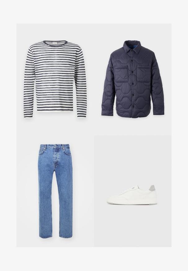 Veste matelassée bleu marine avec fermeture à boutons sur le devant, col pointu, manches longues et deux poches poitrine sur un fond clair.; Pull en maille à manches longues et col rond avec des rayures horizontales bleu marine et blanches.; Won Hundred STEVE - Jean boyfriend - cut blue; Baskets basses blanches avec un onglet de talon gris, des lacets blancs et une semelle texturée, présentées sur un fond uni clair.