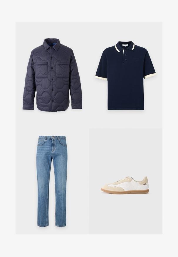 Veste matelassée bleu marine avec fermeture à boutons sur le devant, col pointu, manches longues et deux poches poitrine sur un fond clair.; Polo bleu marine à manches courtes avec trois boutons, bordure blanche sur le col et les bords des manches, et logo brodé discret sur la poitrine.; Jean bleu à taille haute, coupe droite, avec bouton frontale, fermeture éclair, passants de ceinture et design à cinq poches sur fond blanc.; Baskets blanches avec accents en daim beige clair, détails perforés, lacets plats et semelle en caoutchouc naturel. Présentent un logo rayé sur le talon.