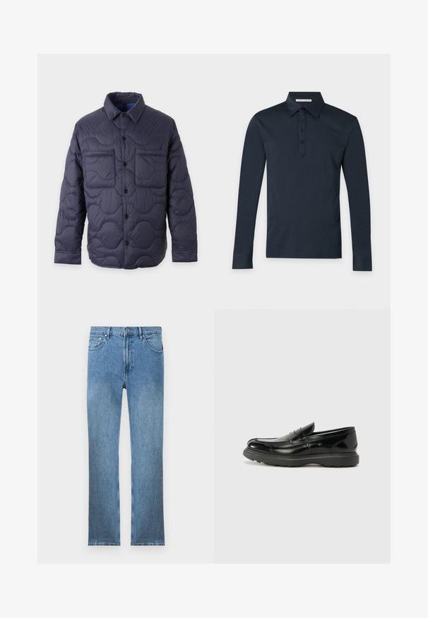Marineblauwe doorgestikte jas met een knoopsluiting aan de voorkant, puntkraag, lange mouwen en twee borstzakken op een lichte achtergrond.; Donkerblauw poloshirt met lange mouwen, kraag en vier knopen langs de knoopsluiting, afgebeeld op een eenvoudige lichte achtergrond.; Lichtblauwe denim jeans met een rechte snit, vijf zakken, een ritsluiting en contrasterende stiksels. De stof heeft een gladde, gestructureerde afwerking.; Zwarte leren instapper met een glanzende afwerking, een ronde neus, subtiele stiksels en een dikke rubberen zool voor duurzaamheid.