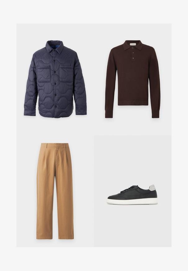 Veste matelassée bleu marine avec fermeture à boutons sur le devant, col pointu, manches longues et deux poches poitrine sur un fond clair.; Polo à manches longues marron en matière douce ; doté d'un col classique, d'une patte de boutonnage à trois boutons et de poignets côtelés.; Pantalons marron à jambes larges en tissu lisse. Présentent une taille haute avec des plis, des passants de ceinture et une poche avant.; Baskets basses noires avec semelle blanche et languette grise au talon, vue de profil sur un fond blanc uni.