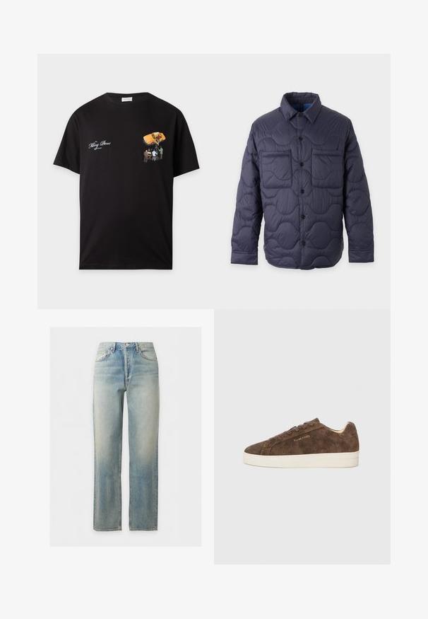Navy blue quilted jacket with a button-up front, pointed collar, long sleeves, and two chest pockets on a light background.; Black T-shirt with white "Filling Pieces" text on left chest and a small graphic of people filming a yellow car on the right chest.; Light blue faded denim jeans with a straight leg cut, front button and zipper closure, and five-pocket design.; Brown suede sneaker with a low profile, rounded toe, and white rubber outsole. Features dark laces and subtle branding on the side.