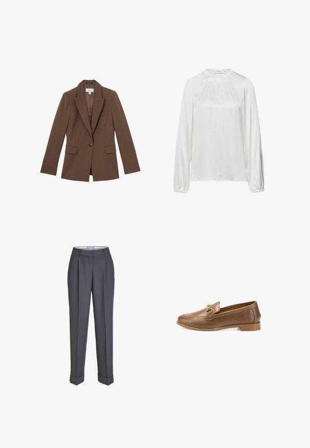 Brauner Ein-Knopf-Blazer mit Stegkragen, zwei vorderen Klappentaschen und einer Brustleistentasche, aus glattem Stoff gefertigt.; Weiße Bluse mit langen Ärmeln aus glattem Stoff, mit einem gerafften Ausschnitt und elastischen Bündchen, in einer leicht lockeren Passform.; Dunkelgraue Tailor-Hosen mit geradem Bein, gefalteter Vorderseite und umgeschlagenen Säumen. Hergestellt aus glattem Stoff und mit einem klassischen Bund versehen.; Braune Lederloafers mit runder Spitze, goldenen Hardware-Details auf dem Obermaterial, niedrigem Stacked-Heel und glatter Textur. Klassisches Design.