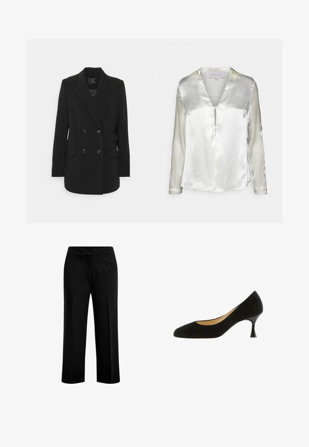 Schwarzer doppelt geknöpfter Blazer aus strukturiertem Stoff mit Reverskragen, zwei Fronttaschen und sechs Knopfverschlüssen.; STUDIO ID ALYSSA - Bluse - champagne; Schwarze, weite Hosen aus glattem Stoff mit zwei vorderen Taschen und einem flachen Bund. Maßgeschneiderter Schnitt mit klarer Silhouette.; Schwarzer Wildleder-Pumps mit spitz zulaufender Spitze, niedrigem Stilettoabsatz und glatter Textur. Schlichtes Design ohne sichtbare Muster oder Akzente.